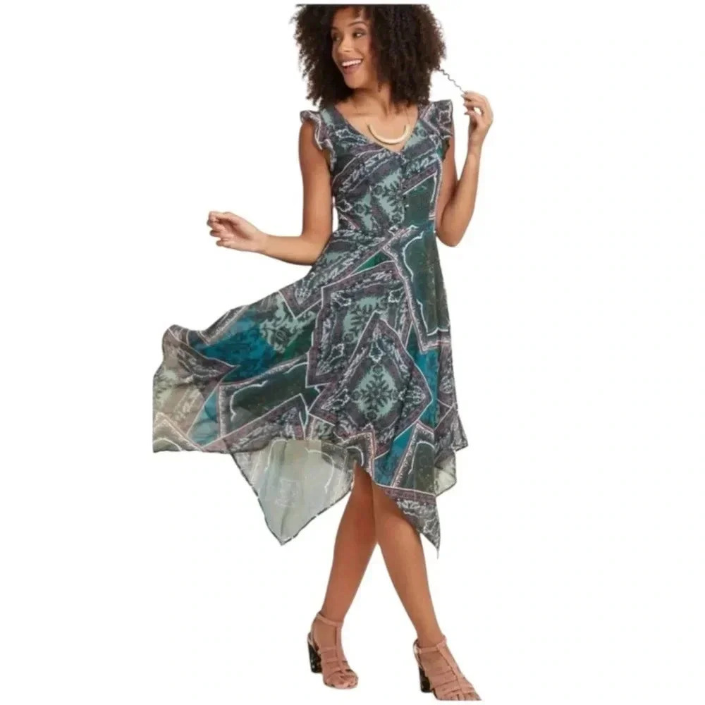 MODCLOTH Women’s Sleeveless Asymmetrical Hem Boho Fit & Flare Sheer Dress Size S